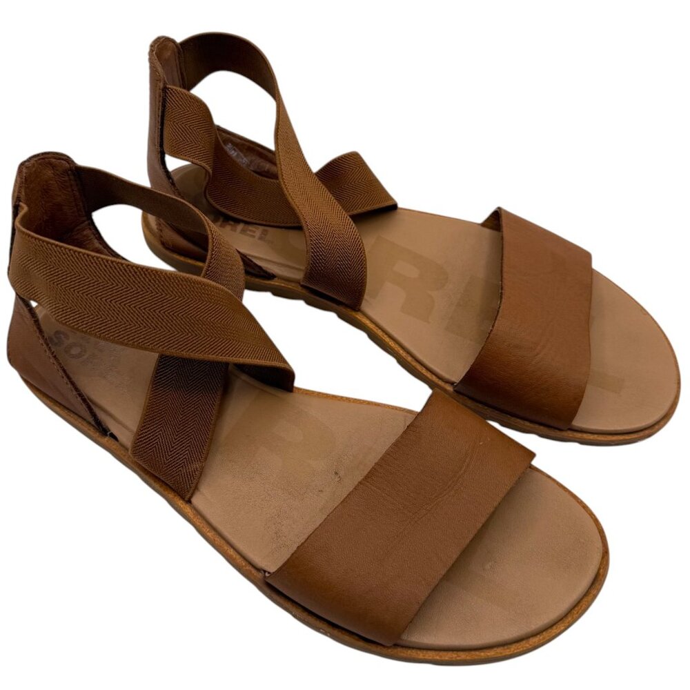 SOREL SANDALS‎ Ella Tan Leather Gladiator Cross Elastic Straps Women’s 7.5 - Picture 2 of 8